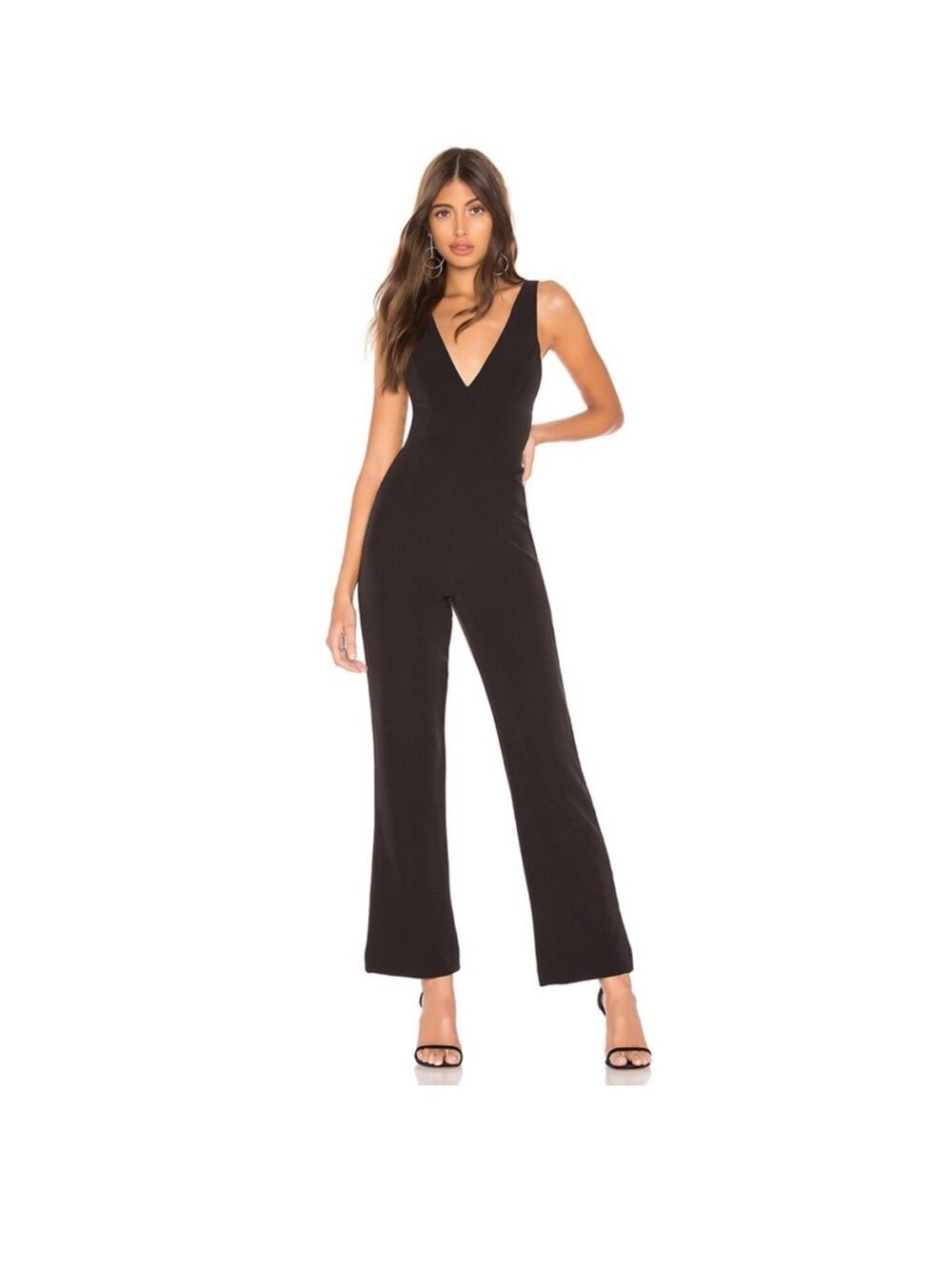 Revolve NBD Rachel Sleeveless Deep V Neck Wide Leg Low Back Tie Jumpsuit Black S